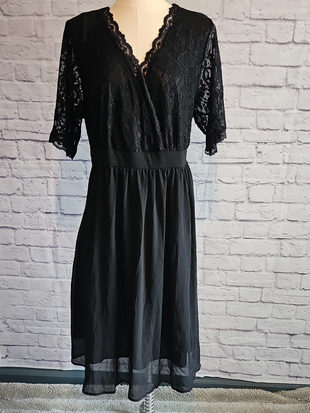 Amazon Black Lace V-Neck Midi Dress with Elbow Sleeves